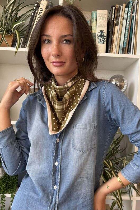 Plaid & Polka Border Triangle Silk Neckerchief Olive